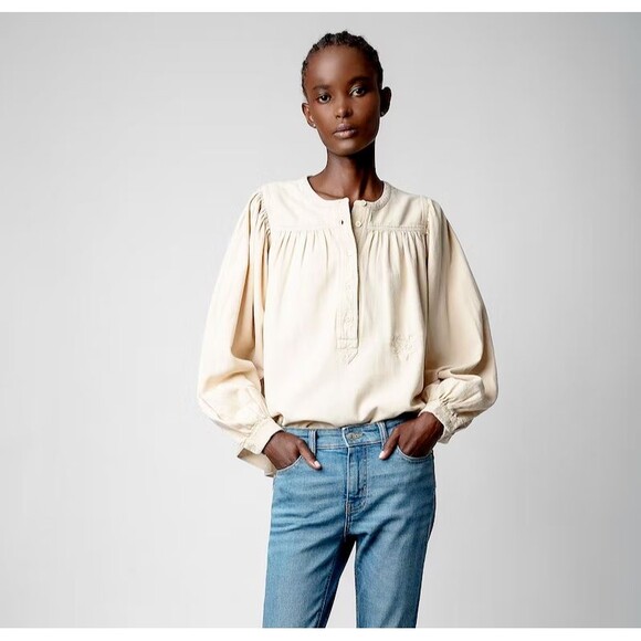 Zadig & Voltaire Tigy Cotton Twill Blouse Top Shirt Long Sleeve Sugar L 280811 - Picture 1 of 6